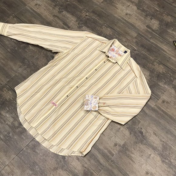 Robert Graham Button Up Shirt Mens Size XL Long Sleeves Flip Cuff Striped India - Picture 6 of 10